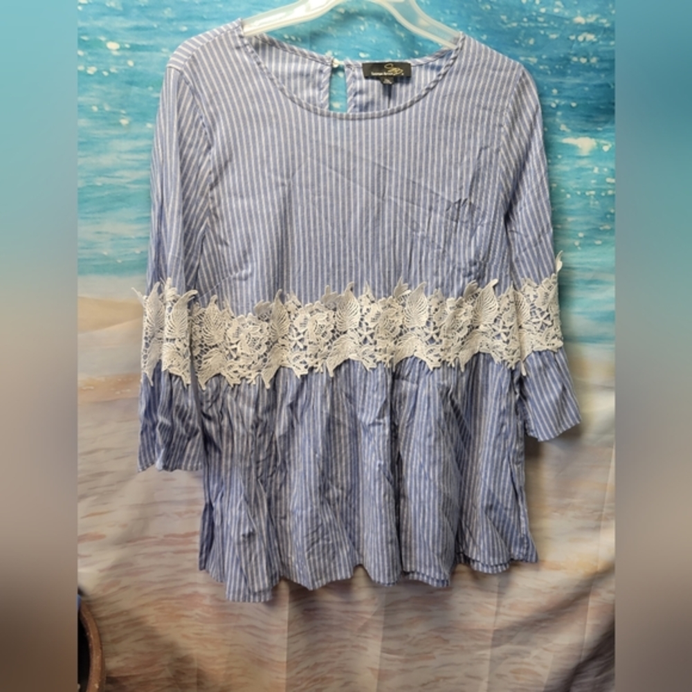 Suzanne Betro Boho Lace & Stripe Flowy Blouse Size XL